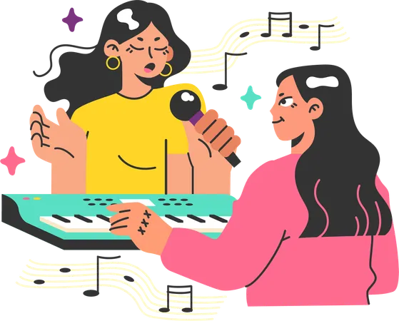 Menina cantando música e tocando teclado  Ilustração