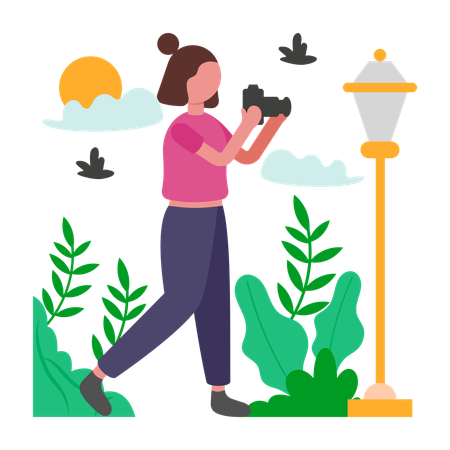Menina captura memórias clicando em fotos  Ilustração