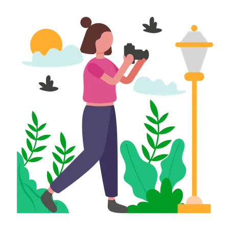Menina captura memórias clicando em fotos  Ilustração