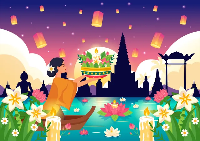 Menina comemorando o Festival Loy Krathong  Ilustração