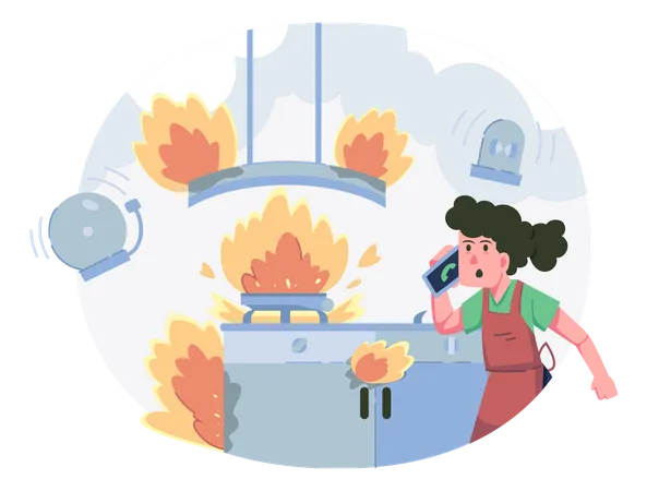Menina ligando para o serviço de emergência devido a incêndio na cozinha  Ilustração