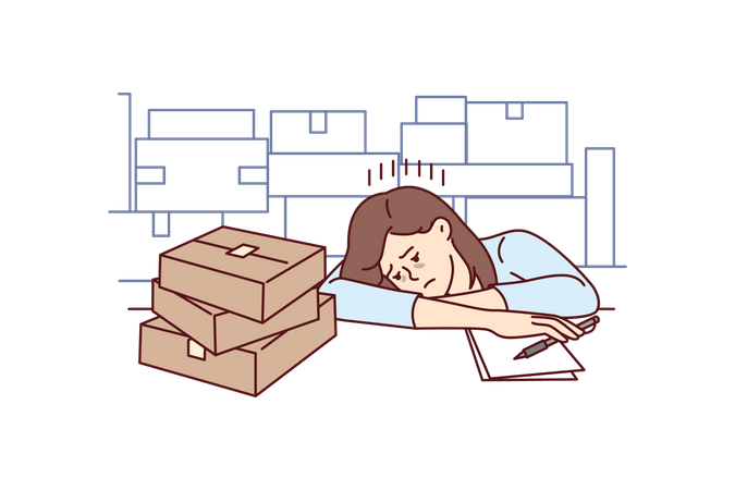 Garota chateada perto de caixas de papelão trabalha em armazém e adormece  Ilustração