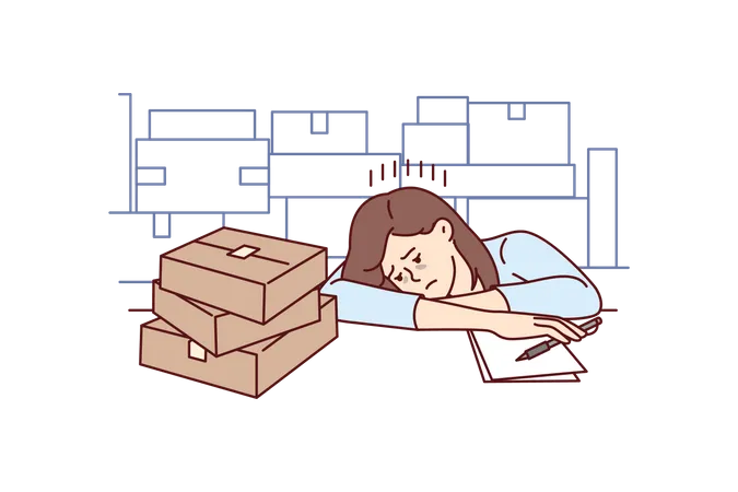 Garota chateada perto de caixas de papelão trabalha em armazém e adormece  Ilustração