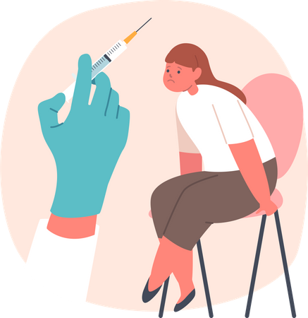 Menina chateada sentada na cadeira da clínica com medo da vacinação  Ilustração