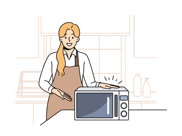 Chef de menina fica na cozinha do café e aponta com a mão no forno de microondas  Ilustração
