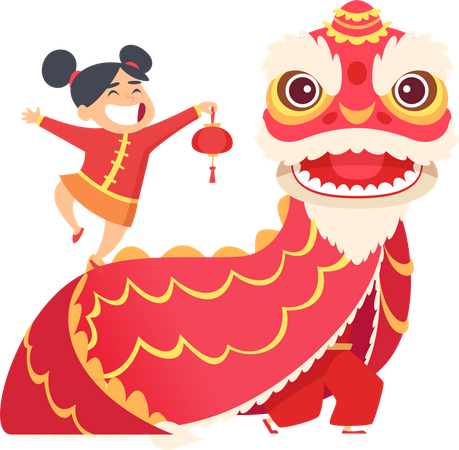 Menina chinesa e dragão  Ilustração