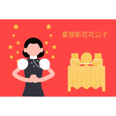 Menina chinesa em pé e dando saudação  Ilustração