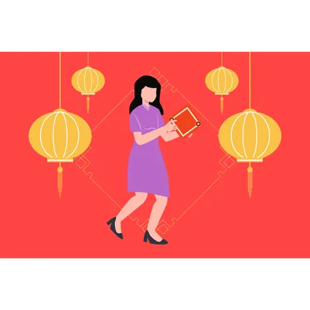 Menina chinesa segurando envelope chinês  Ilustração