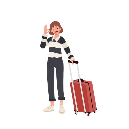 Menina com bagagem fazendo sinal de mão OK  Ilustração
