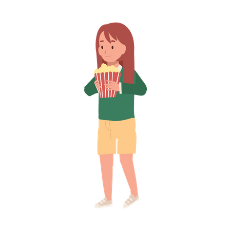 Menina com balde de pipoca está caminhando para o cinema  Ilustração