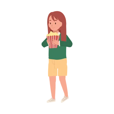 Menina com balde de pipoca está caminhando para o cinema  Ilustração