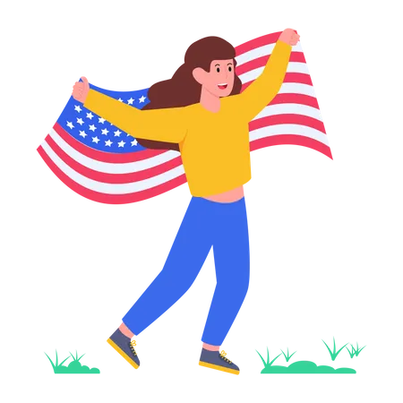 Menina com bandeira americana  Ilustração