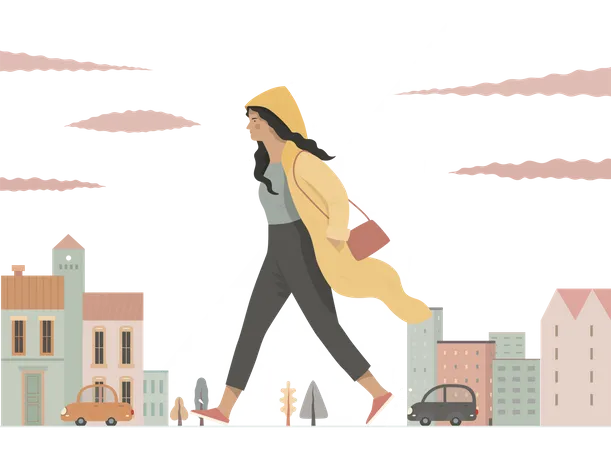 Garota de capa de chuva andando na rua  Ilustração