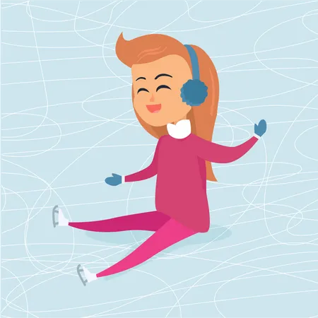 Garota com fones de ouvido azuis sentada na pista de gelo  Ilustração