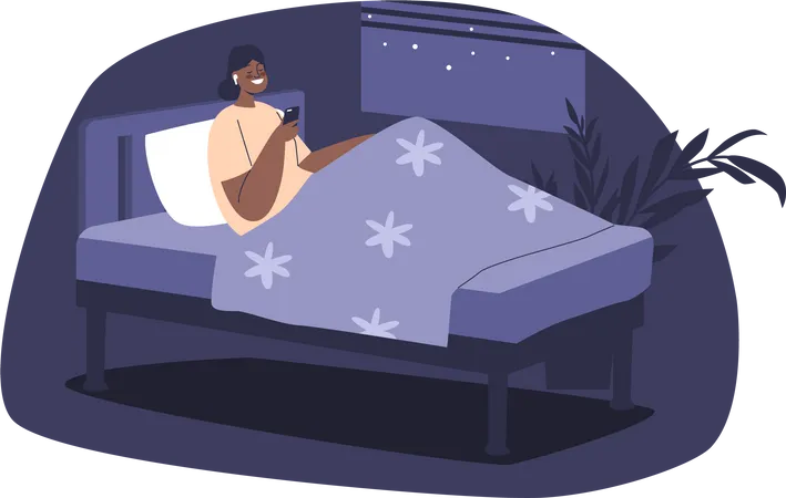 Garota em fones de ouvido usa smartphone deitada na cama  Ilustração