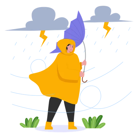 Menina com guarda-chuva andando na tempestade  Ilustração