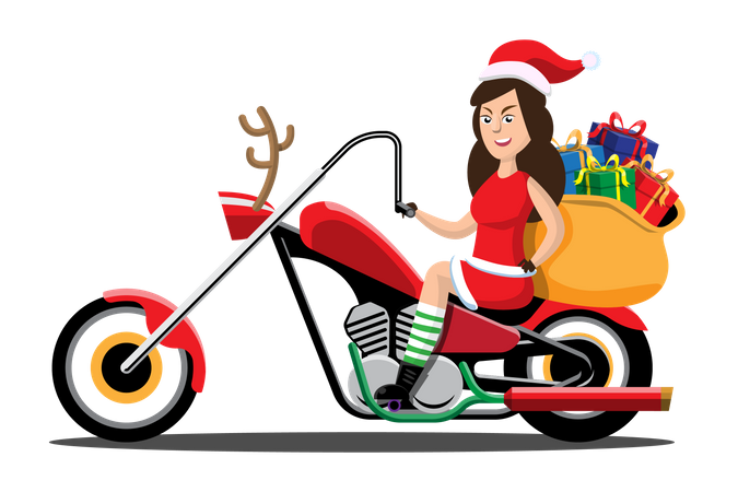 Garota com roupas de Papai Noel dirigindo bicicleta para entregar presentes de Natal  Ilustração