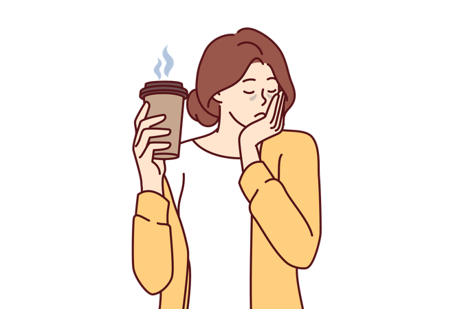 Garota com sono precisa de caneca de café pela manhã  Ilustração
