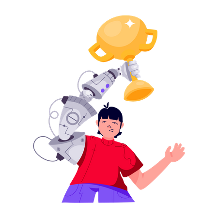 Menina com mão robótica segurando o troféu  Ilustração