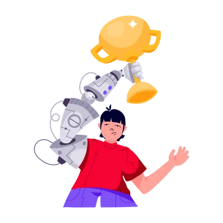 Menina com mão robótica segurando o troféu  Ilustração