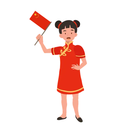 Garota com vestido tradicional chinês, segurando a bandeira vermelha  Ilustração