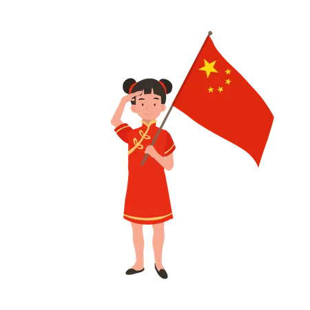 Garota com vestido tradicional chinês, segurando a bandeira vermelha  Ilustração