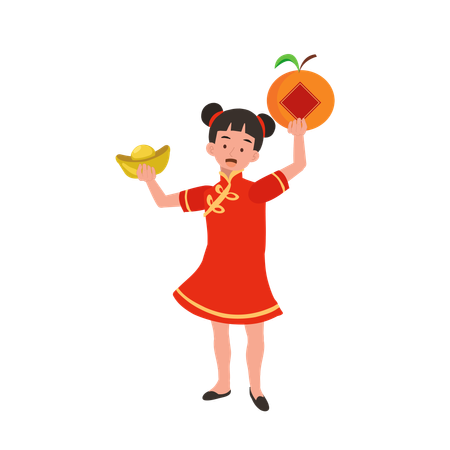 Garota com vestido tradicional chinês segurando cesta doce e laranja  Ilustração