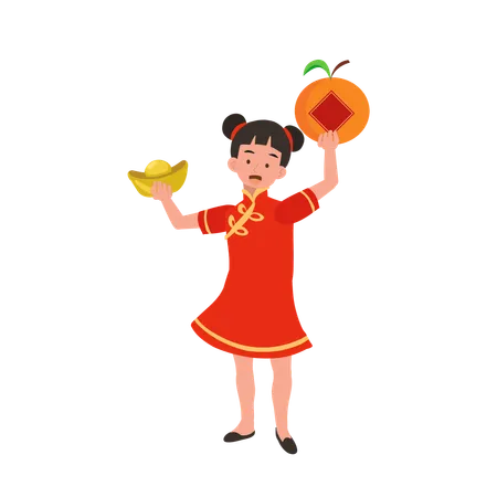 Garota com vestido tradicional chinês segurando cesta doce e laranja  Ilustração