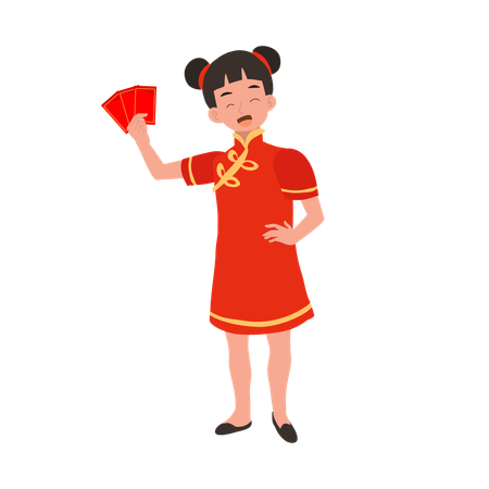 Garota com vestido tradicional chinês, segurando um envelope vermelho  Ilustração