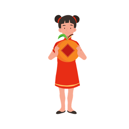 Garota com vestido tradicional chinês segurando uma grande laranja  Ilustração