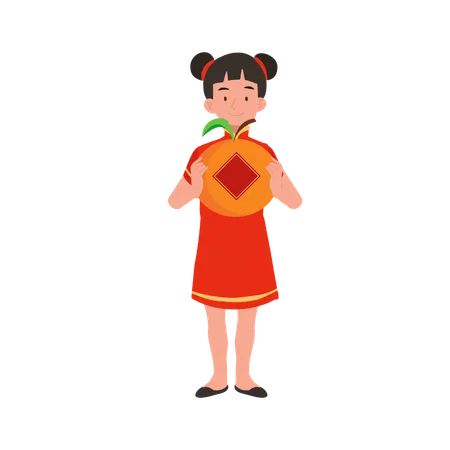 Garota com vestido tradicional chinês segurando uma grande laranja  Ilustração
