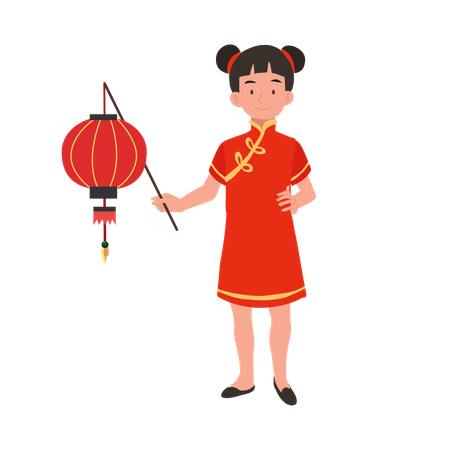 Garota com vestido tradicional chinês segurando uma lanterna vermelha  Ilustração