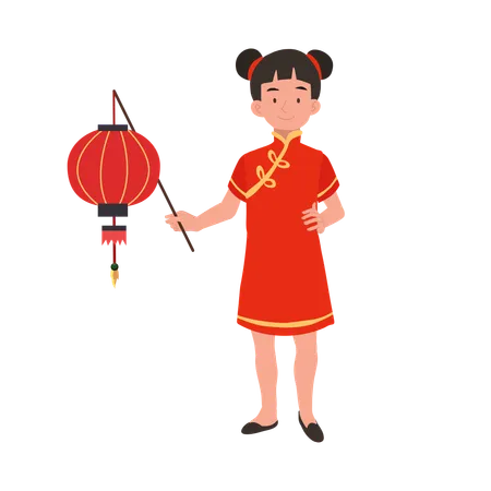 Garota com vestido tradicional chinês segurando uma lanterna vermelha  Ilustração