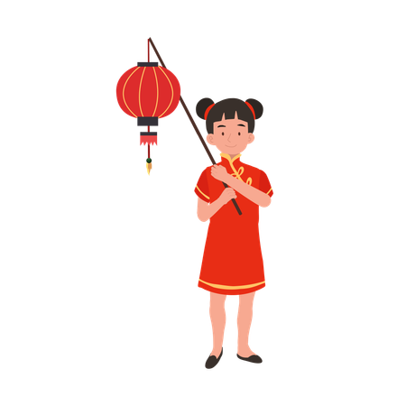 Garota com vestido tradicional chinês segurando uma lanterna vermelha  Ilustração