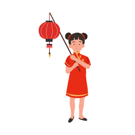 Garota com vestido tradicional chinês segurando uma lanterna vermelha  Ilustração