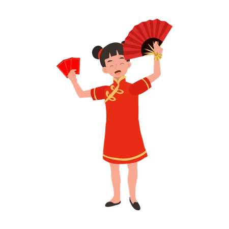 Garota com vestido tradicional chinês segurando leque vermelho e envelope vermelho  Ilustração