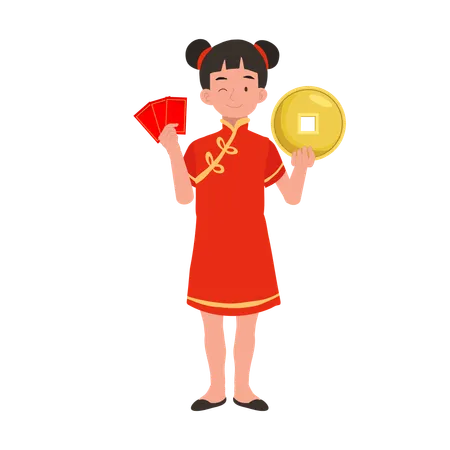 Garota com vestido tradicional chinês segurando envelope vermelho e moeda de ouro  Ilustração