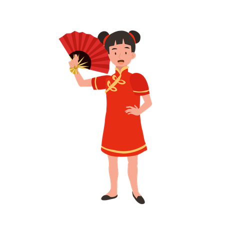 Garota com vestido tradicional chinês segurando leque de mão vermelha  Ilustração