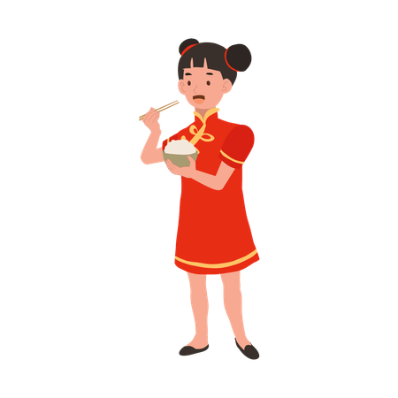 Garota com vestido tradicional chinês segurando uma tigela de arroz  Ilustração