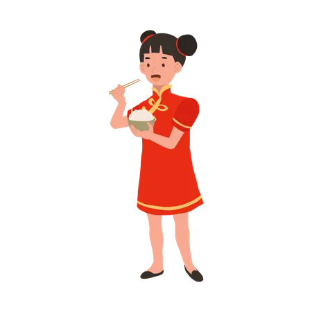 Garota com vestido tradicional chinês segurando uma tigela de arroz  Ilustração