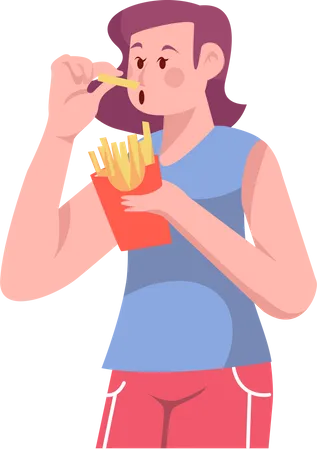 Menina comendo batatas fritas  Ilustração