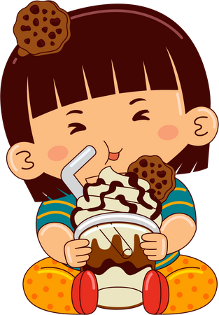Menina comendo crumble de biscoito mocha gelado  Ilustração