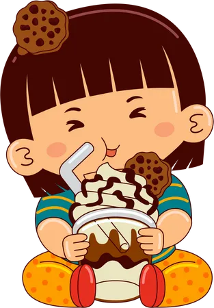 Menina comendo crumble de biscoito mocha gelado  Ilustração