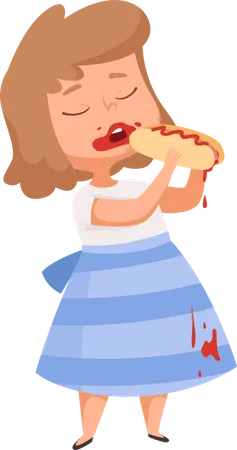 Menina comendo cachorro-quente e derramando ketchup nas roupas  Ilustração