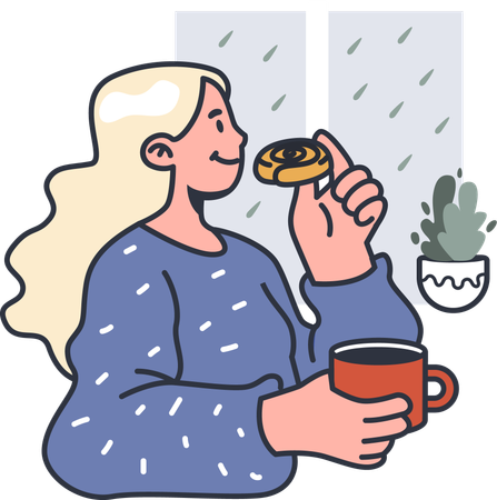 Menina comendo comida hygge com café  Ilustração