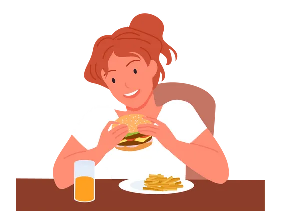 Garota comendo hambúrguer  Ilustração