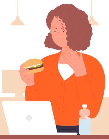 Garota comendo hambúrguer no escritório  Ilustração