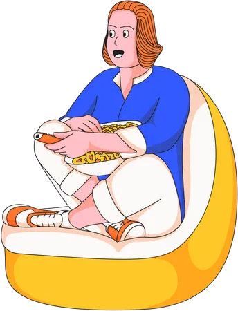 Menina comendo lanche enquanto assiste televisão  Ilustração