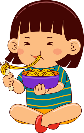 Menina comendo macarrão  Ilustração