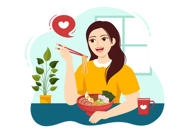 Menina comendo ramen  Ilustração